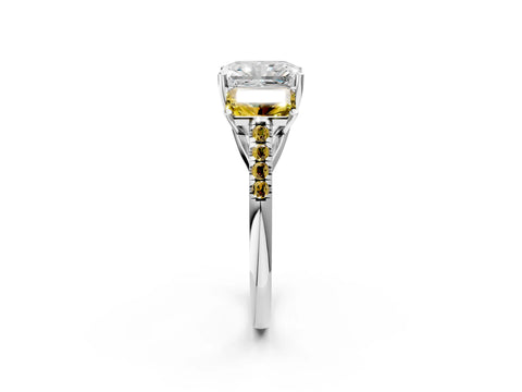 White gold Three-Stone Radiant Cut Diamond Ring with Round with Yellow Sapphire side stone Pavé Band and Prong Setting_2