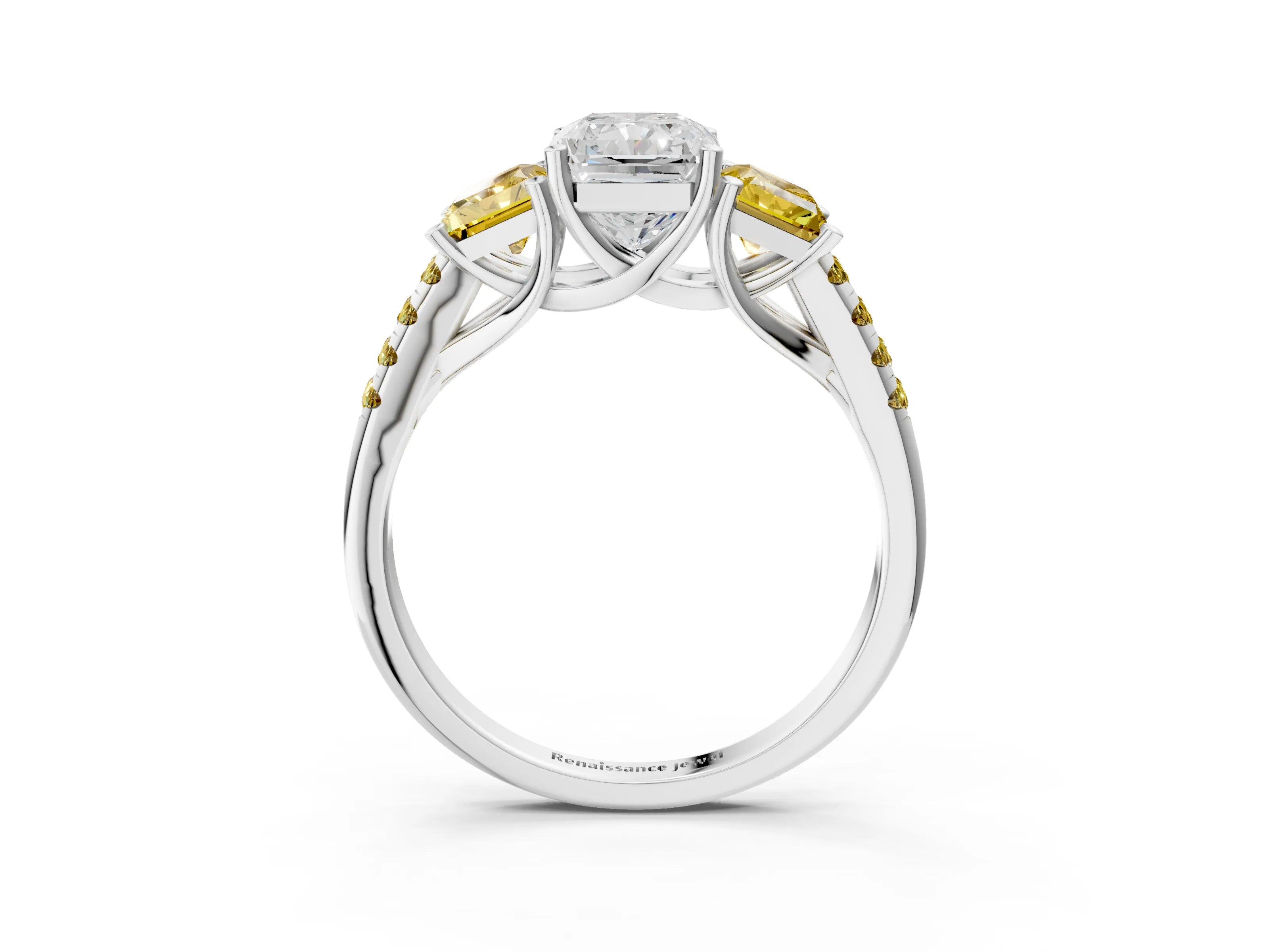 White gold Three-Stone Radiant Cut Diamond Ring with Round with Yellow Sapphire side stone Pavé Band and Prong Setting_3