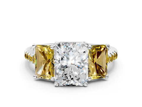White gold Three-Stone Radiant Cut Diamond Ring with Round with Yellow Sapphire side stone Pavé Band and Prong Setting