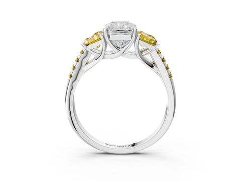 White gold Three-Stone Radiant Cut Diamond Ring with Round with Yellow Sapphire side stone Pavé Band and Prong Setting_3
