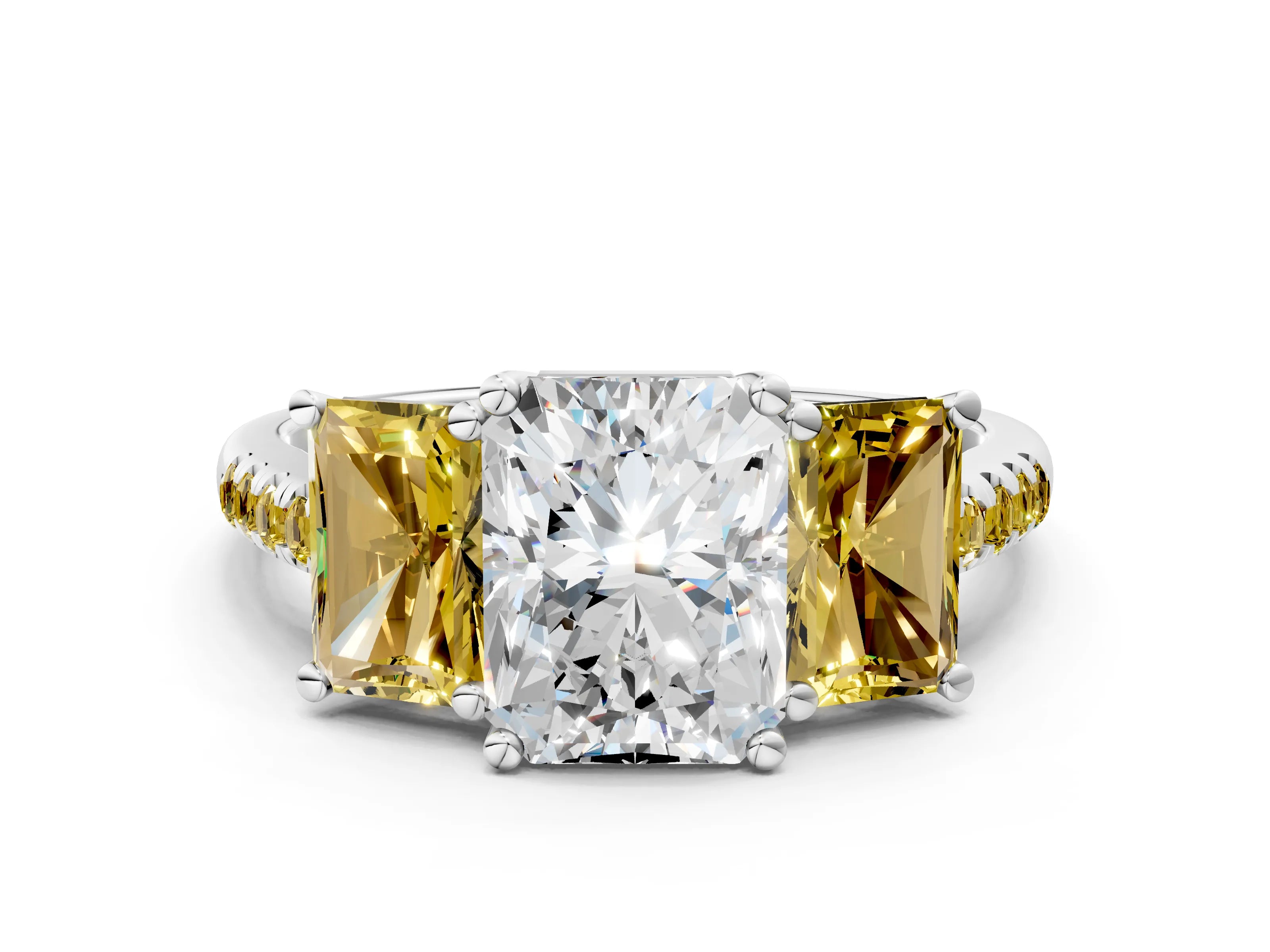 White gold Three-Stone Radiant Cut Diamond Ring with Round with Yellow Sapphire side stone Pavé Band and Prong Setting