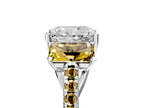 White gold Three-Stone Radiant Cut Diamond Ring with Round with Yellow Sapphire side stone Pavé Band and Prong Setting_5