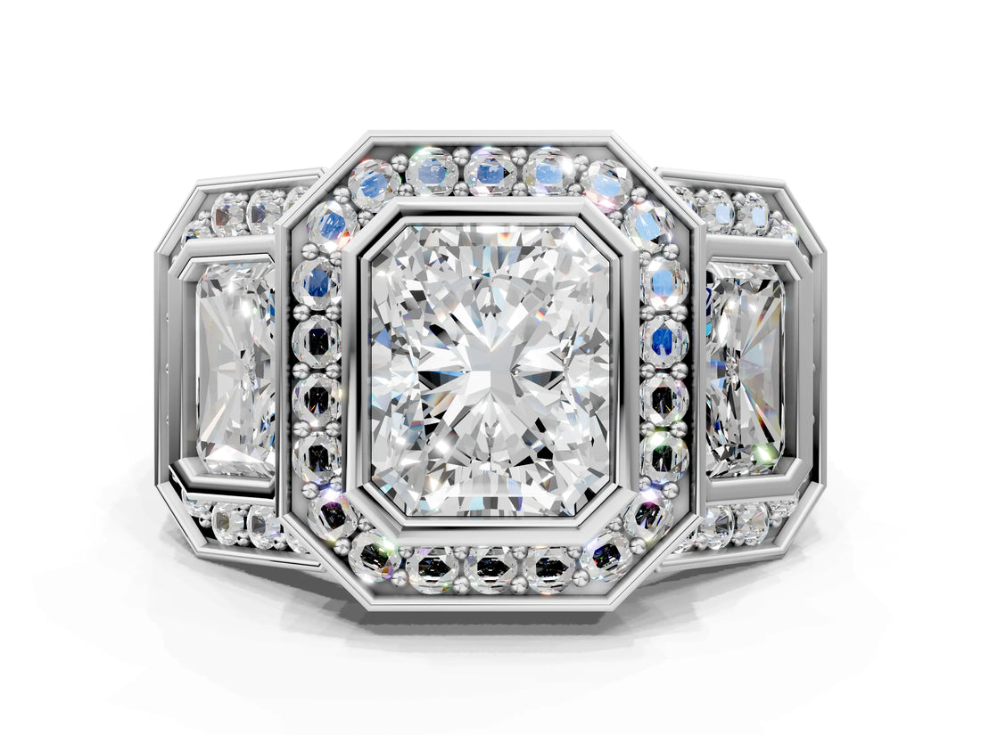 White gold Three-Stone Radiant Cut Halo Pavé Diamond Ring_7