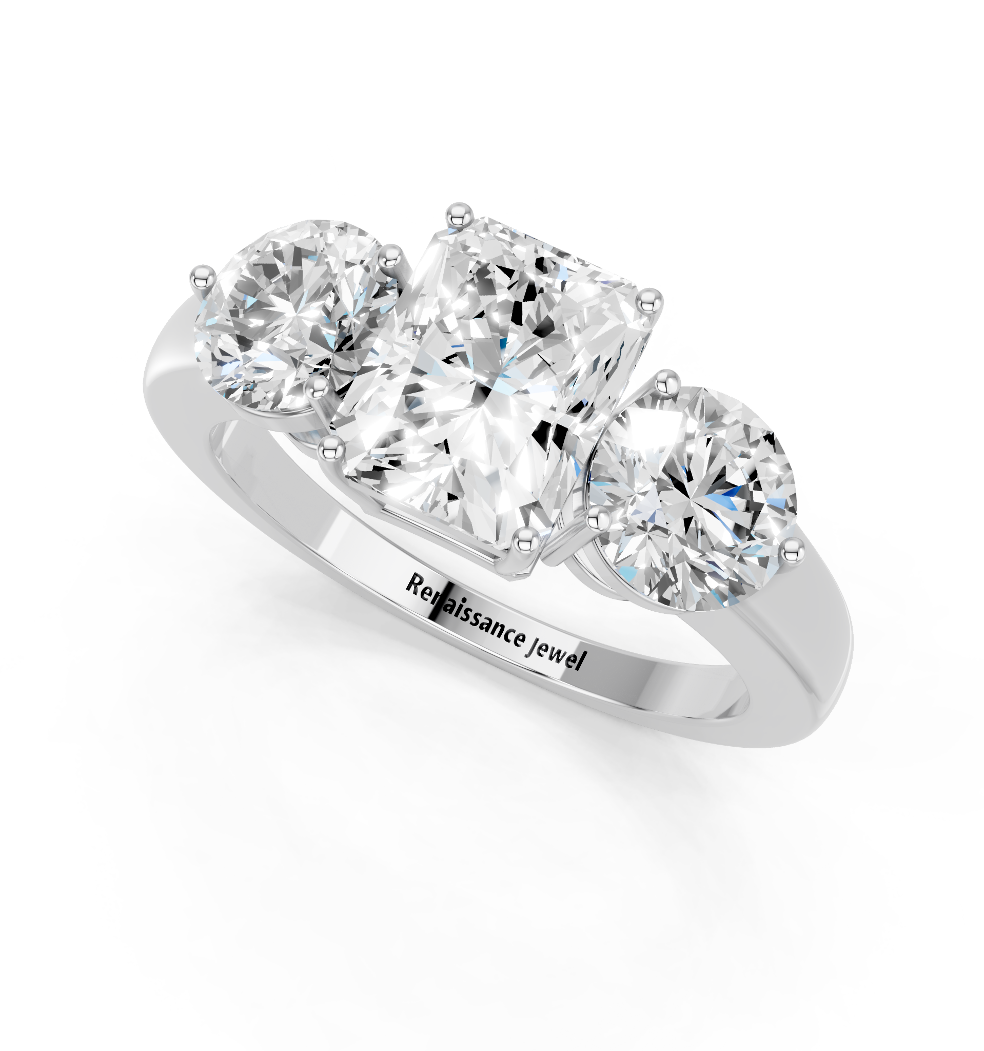 White gold Three-Stone Radiant Cut Solitaire Ring with Prong Setting on a Classic Band_20