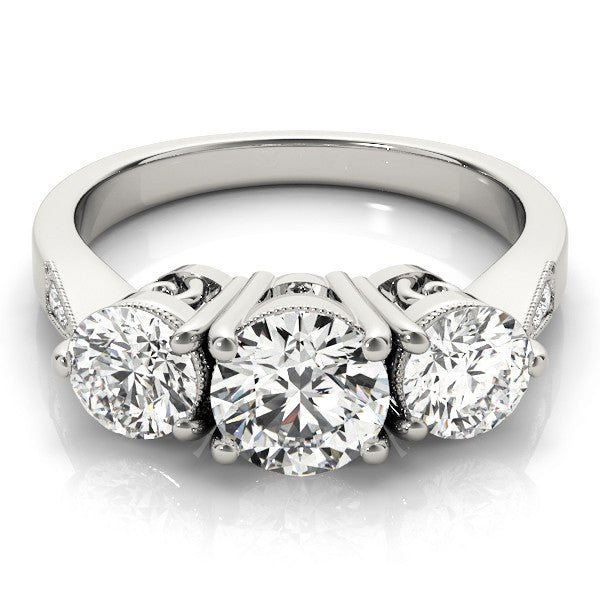 White gold Three-Stone Round Diamond Engagement Ring with Prong Setting on a Classic Band