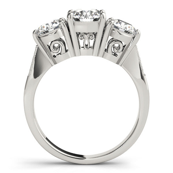 White gold Three-Stone Round Diamond Engagement Ring with Prong Setting on a Classic Band