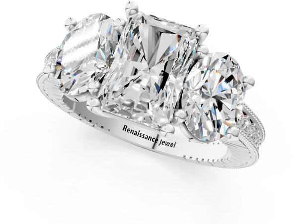 White gold Three-Stone Radiant Diamond Milgrain Pave Band with Prong Setting