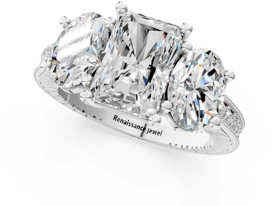 White gold Three-Stone Radiant Diamond Milgrain Pave Band with Prong Setting