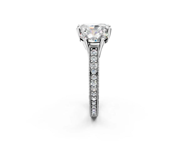 White gold Three-Stone Radiant Diamond Milgrain Pave Band with Prong Setting