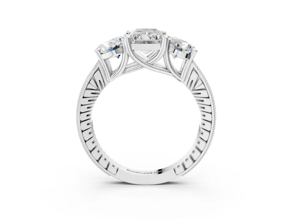 White gold Three-Stone Radiant Diamond Milgrain Pave Band with Prong Setting