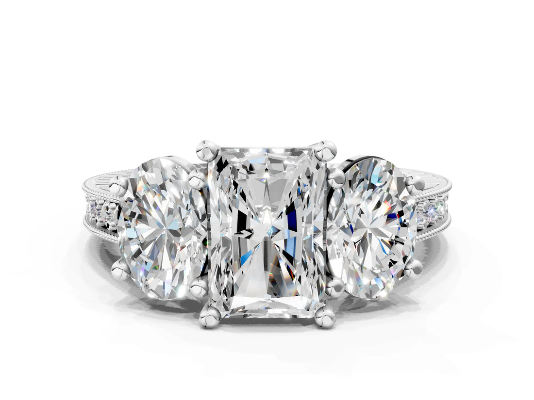 White gold Three-Stone Radiant Diamond Milgrain Pave Band with Prong Setting