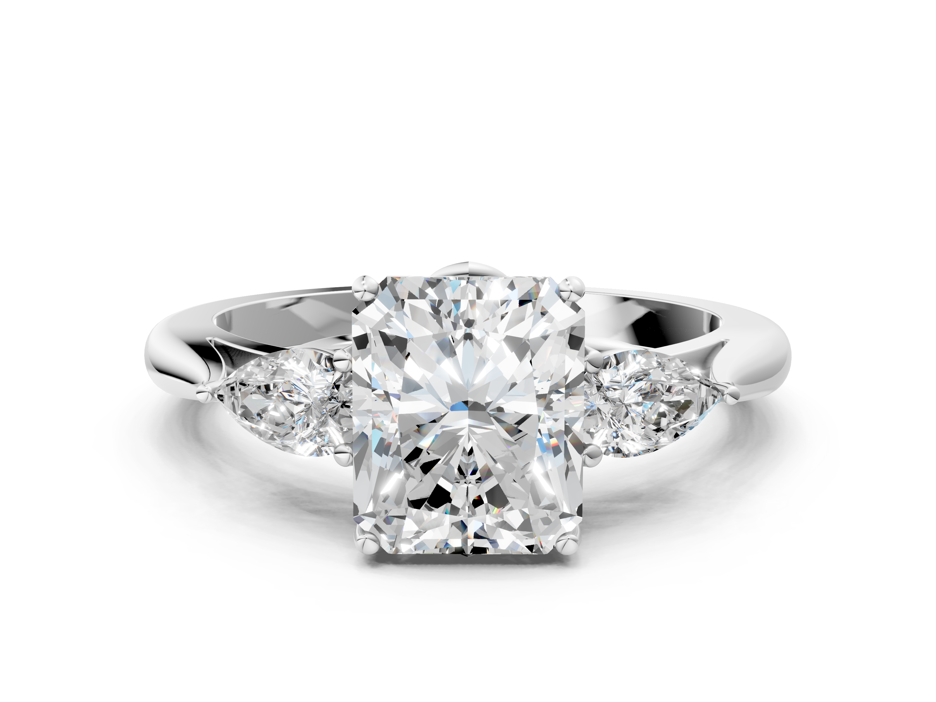 White gold Three-Stone Radiant Diamond Solitaire Ring with Pear Side Stones and Four-Prong Setting_45