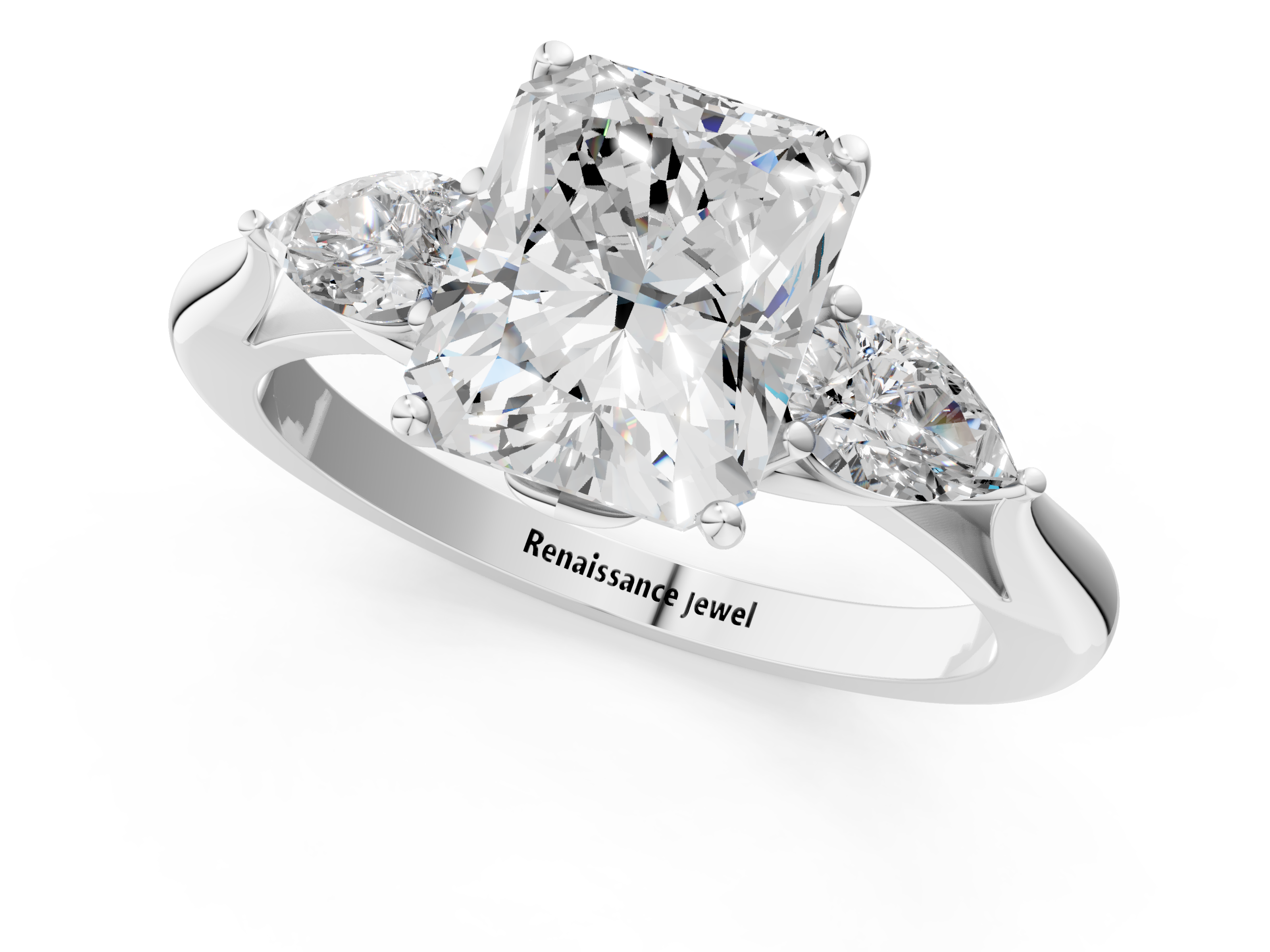 White gold Three-Stone Radiant Diamond Solitaire Ring with Pear Side Stones and Four-Prong Setting_46