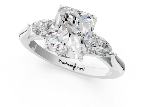 White gold Three-Stone Radiant Diamond Solitaire Ring with Pear Side Stones and Four-Prong Setting_46