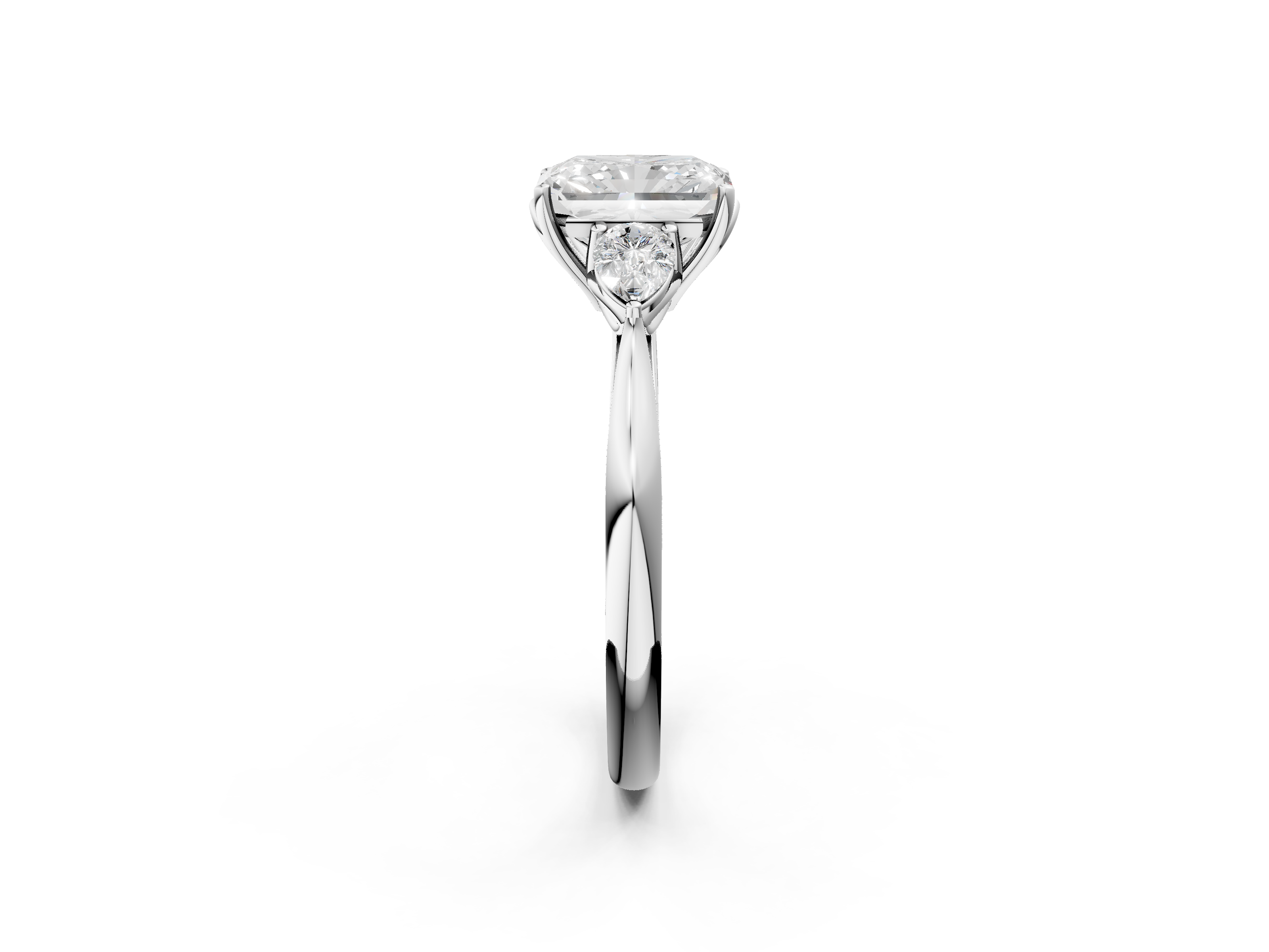 White gold Three-Stone Radiant Diamond Solitaire Ring with Pear Side Stones and Four-Prong Setting_47