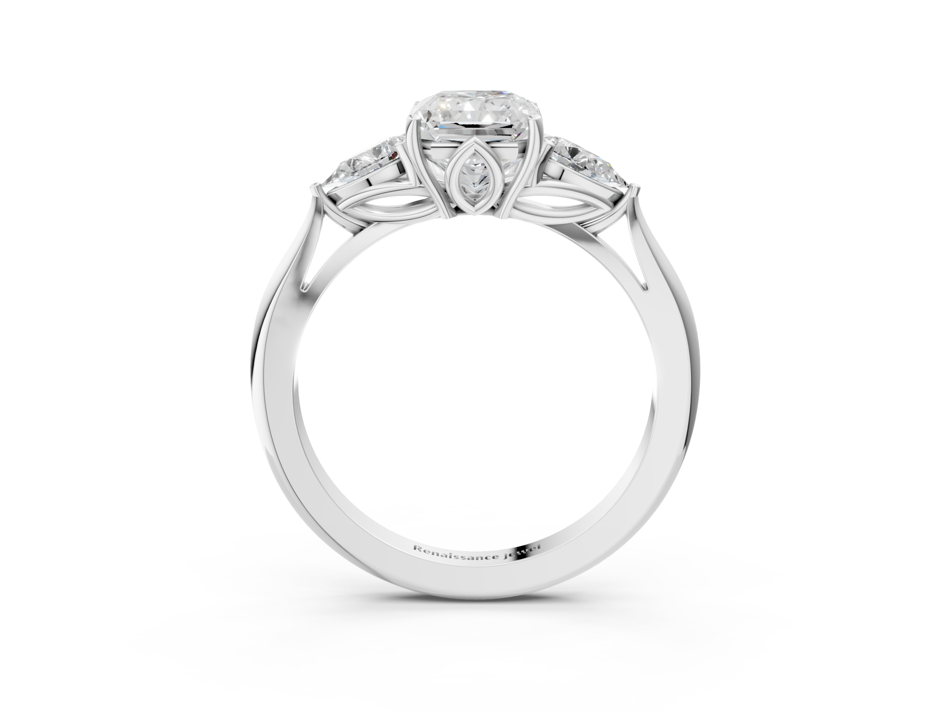 White gold Three-Stone Radiant Diamond Solitaire Ring with Pear Side Stones and Four-Prong Setting_48