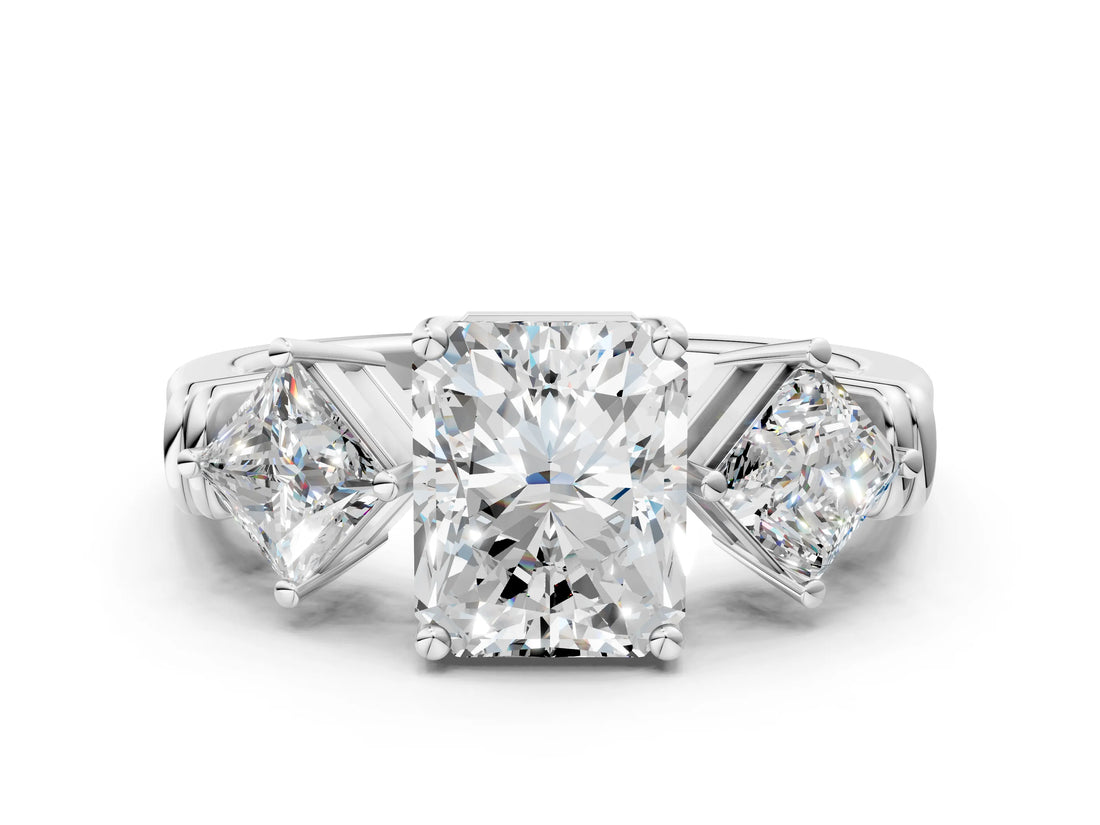 White gold Three-Stone Radiant and Princess Cut Diamond Ring with Channel Band and Four-Prong Setting_28