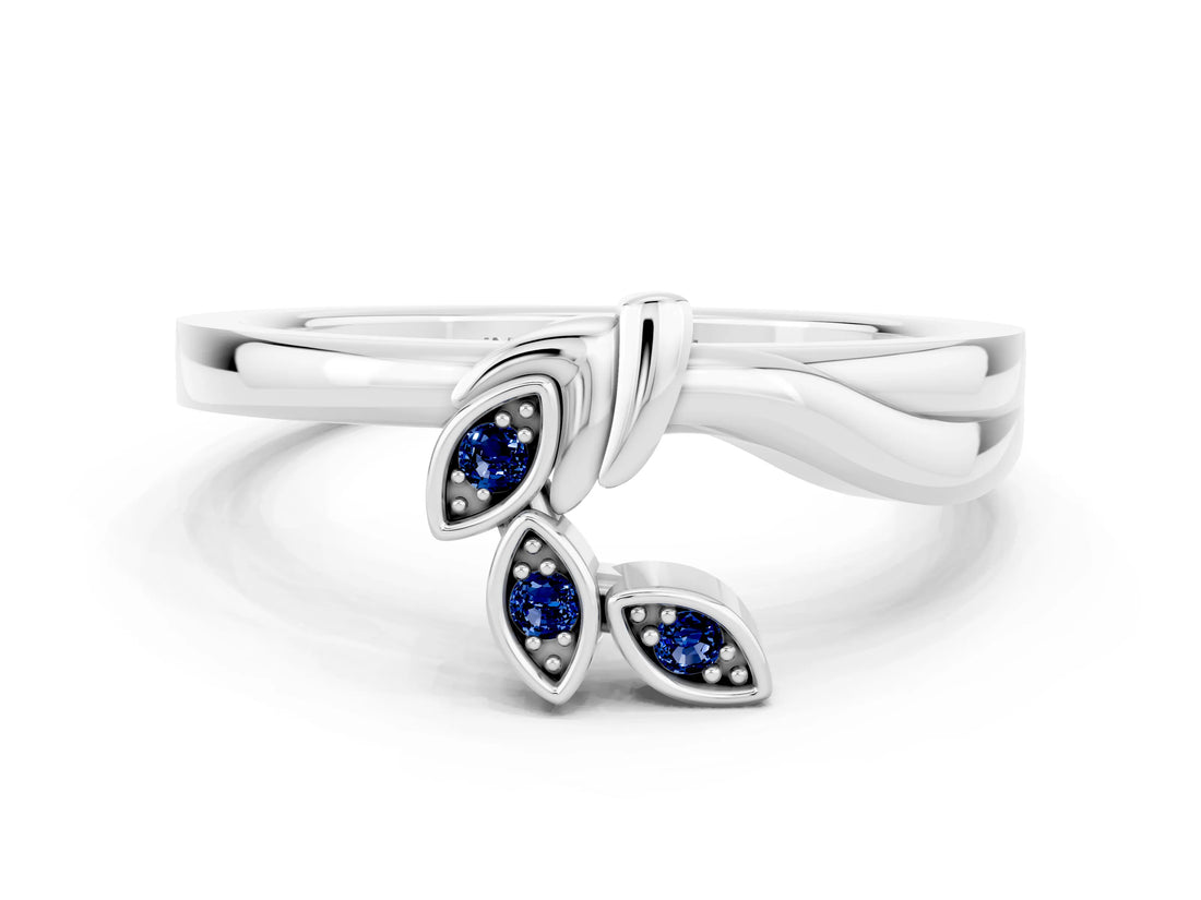 White gold Three-Stone Round Blue Sapphire Leaf Bypass Ring with Bezel Setting_6