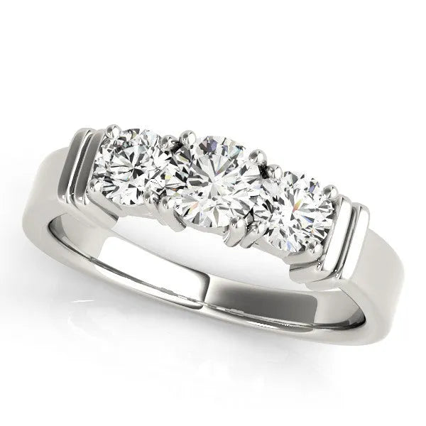 White gold Three-Stone Round Brilliant Channel Set Diamond Ring with Bar Prong Setting