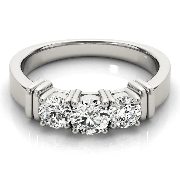 White gold Three-Stone Round Brilliant Channel Set Diamond Ring with Bar Prong Setting