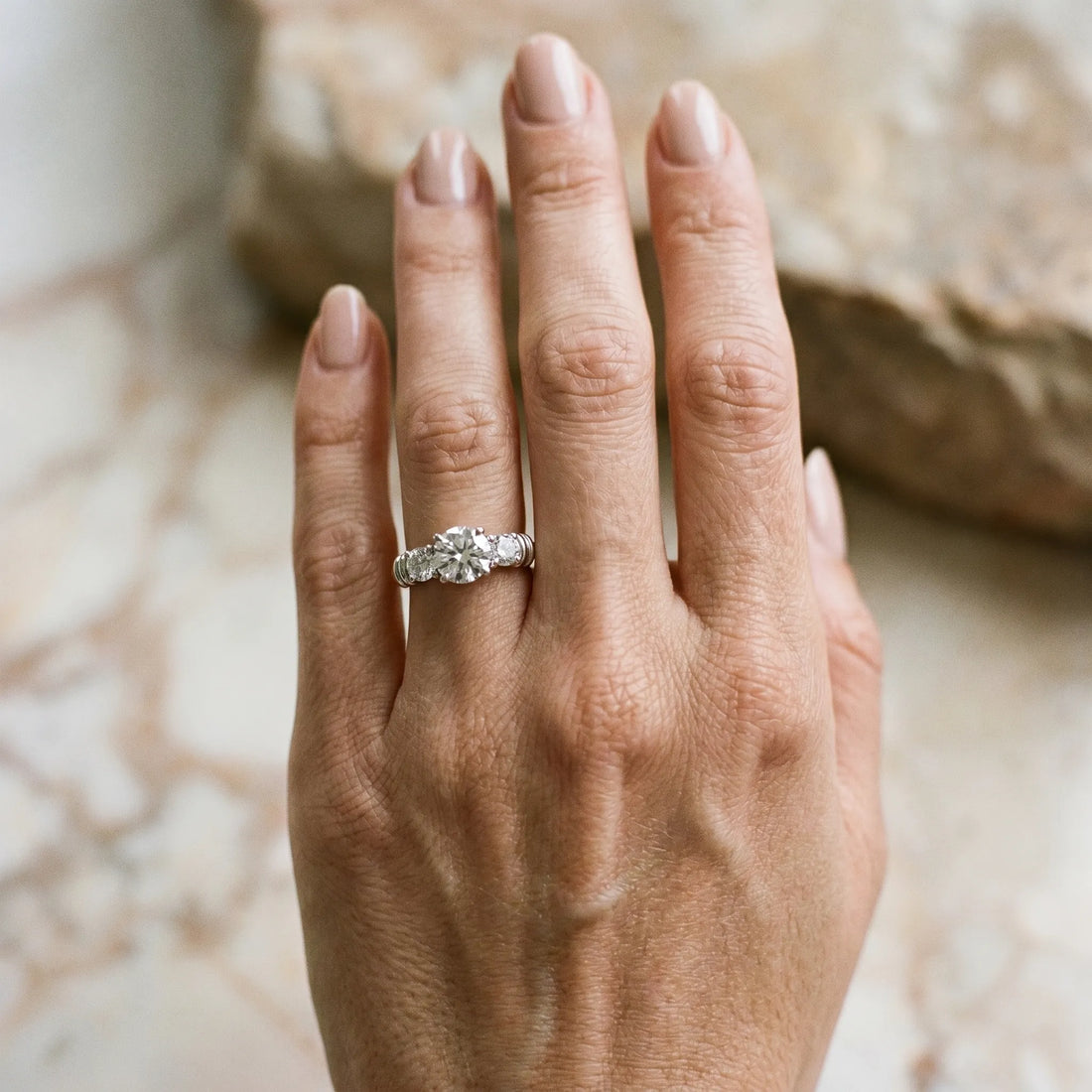 White gold Three-Stone Round Brilliant Channel Set Diamond Ring with Bar Prong Setting_28