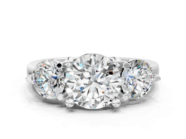 White gold Three-Stone Round Brilliant Cut Solitaire Ring with Prong Setting on a Classic Band