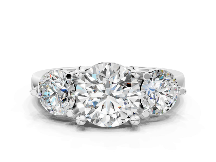 White gold Three-Stone Round Brilliant Cut Solitaire Ring with Prong Setting on a Classic Band