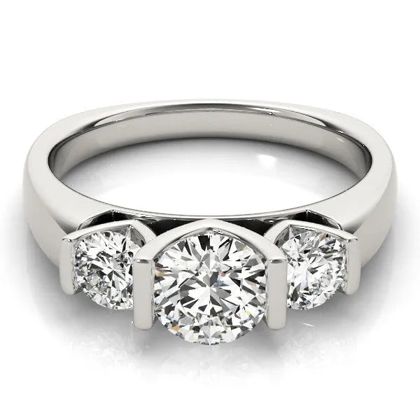 White gold Three-Stone Round Brilliant Diamond Ring with Channel Setting and White Gold Band
