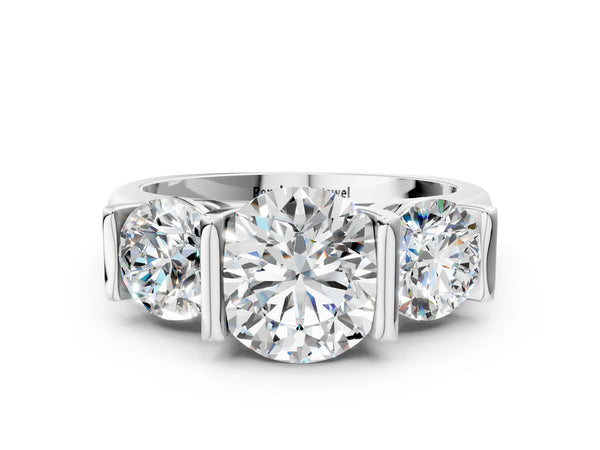 White gold Three-Stone Round Brilliant Diamond Ring with Channel Setting and White Gold Band