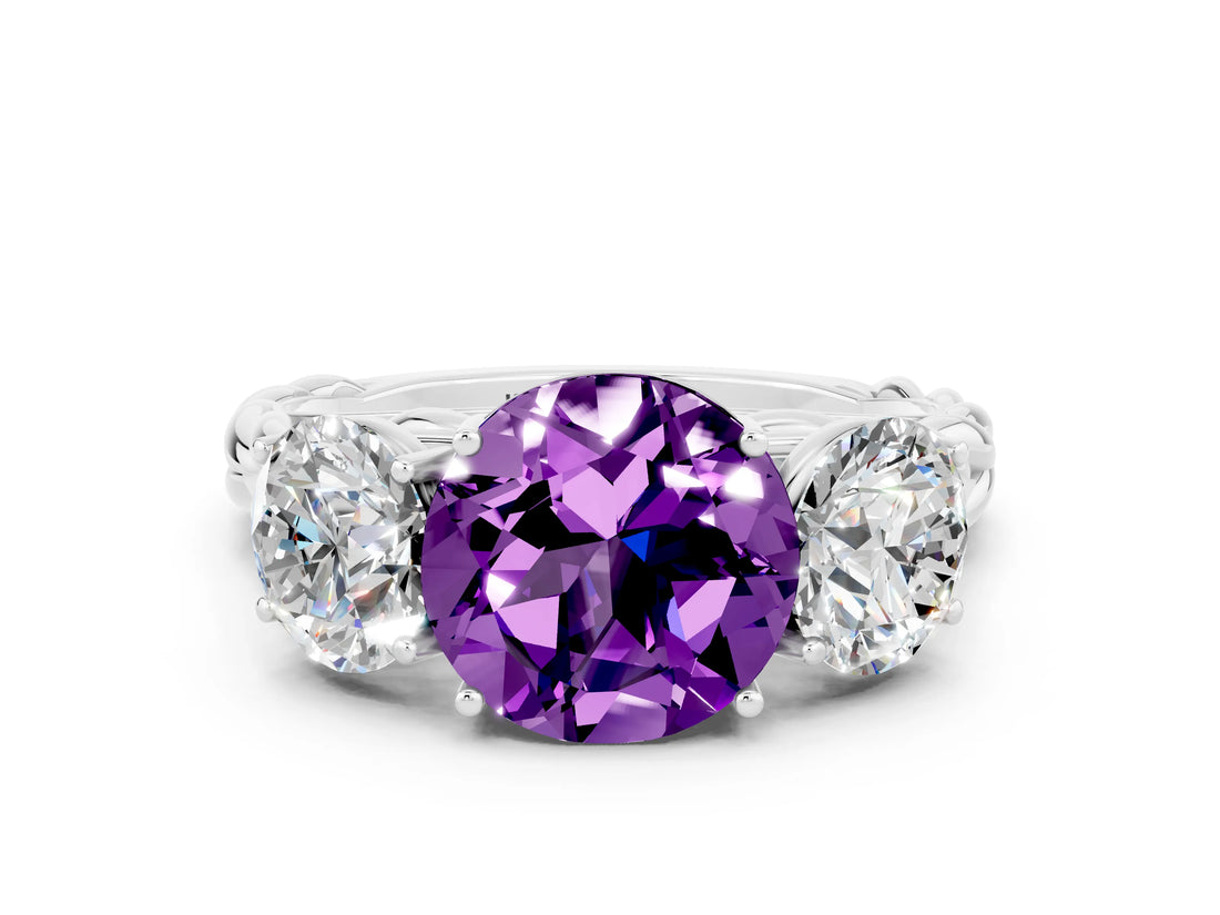 White gold Three-Stone Round Cut Amethyst Braided Band Ring with Four-Prong Setting_12