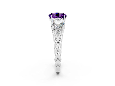 White gold Three-Stone Round Cut Amethyst Braided Band Ring with Four-Prong Setting_14
