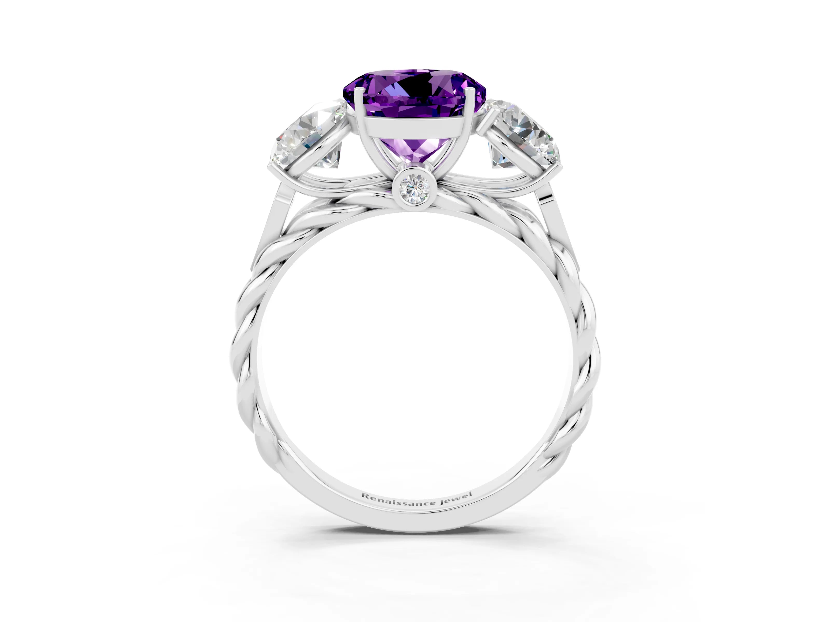 White gold Three-Stone Round Cut Amethyst Braided Band Ring with Four-Prong Setting_15
