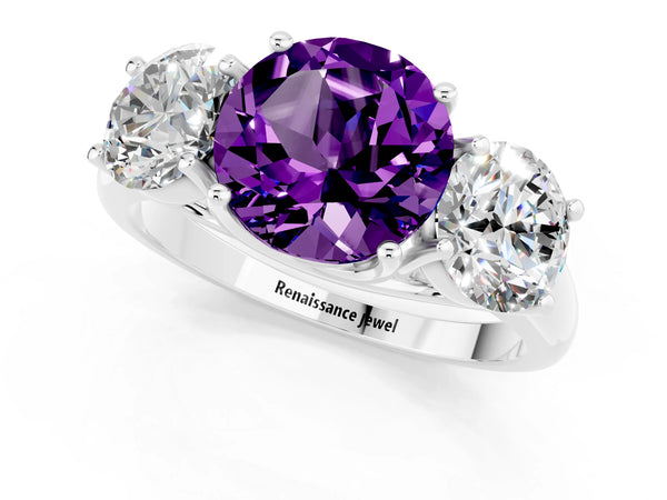 Silver Three-Stone Round Cut Amethyst Engagement Ring with Prong Setting