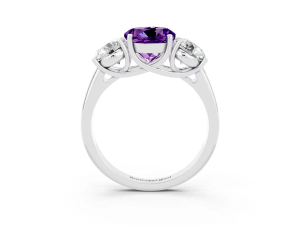 Platinum Three-Stone Round Cut Amethyst Engagement Ring with Prong Setting