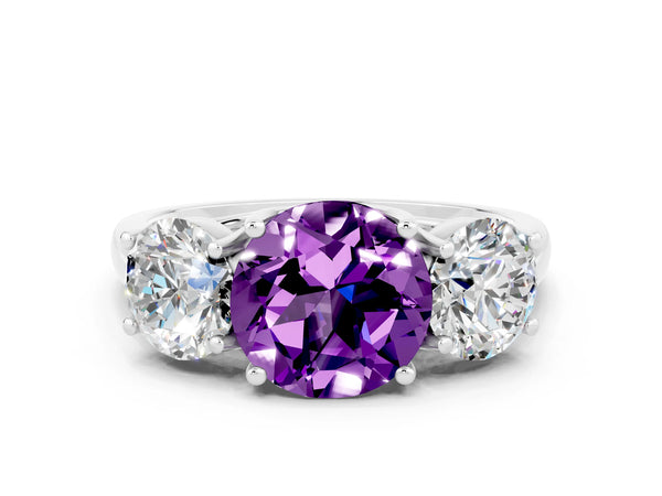 White gold Three-Stone Round Cut Amethyst Engagement Ring with Prong Setting