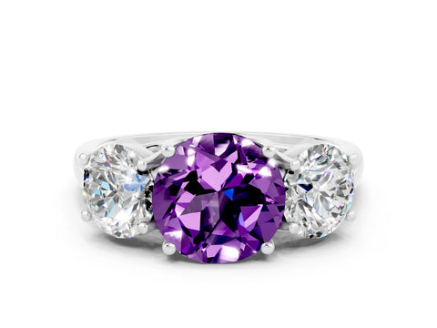 White gold Three-Stone Round Cut Amethyst Engagement Ring with Prong Setting