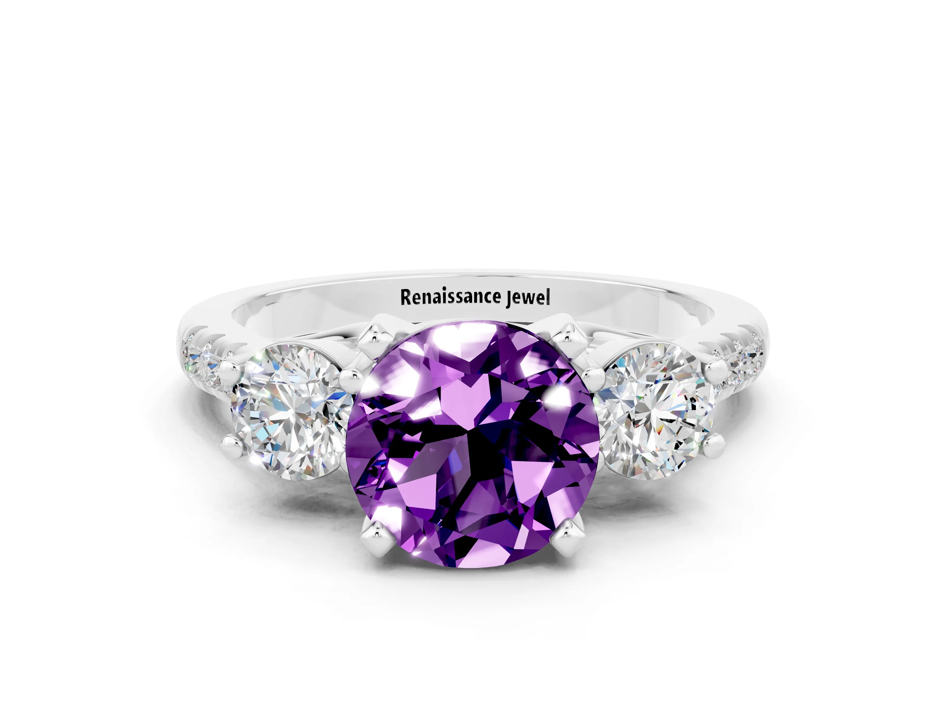 White gold Three-Stone Round Cut Amethyst Pavé Band with Four-Prong Setting