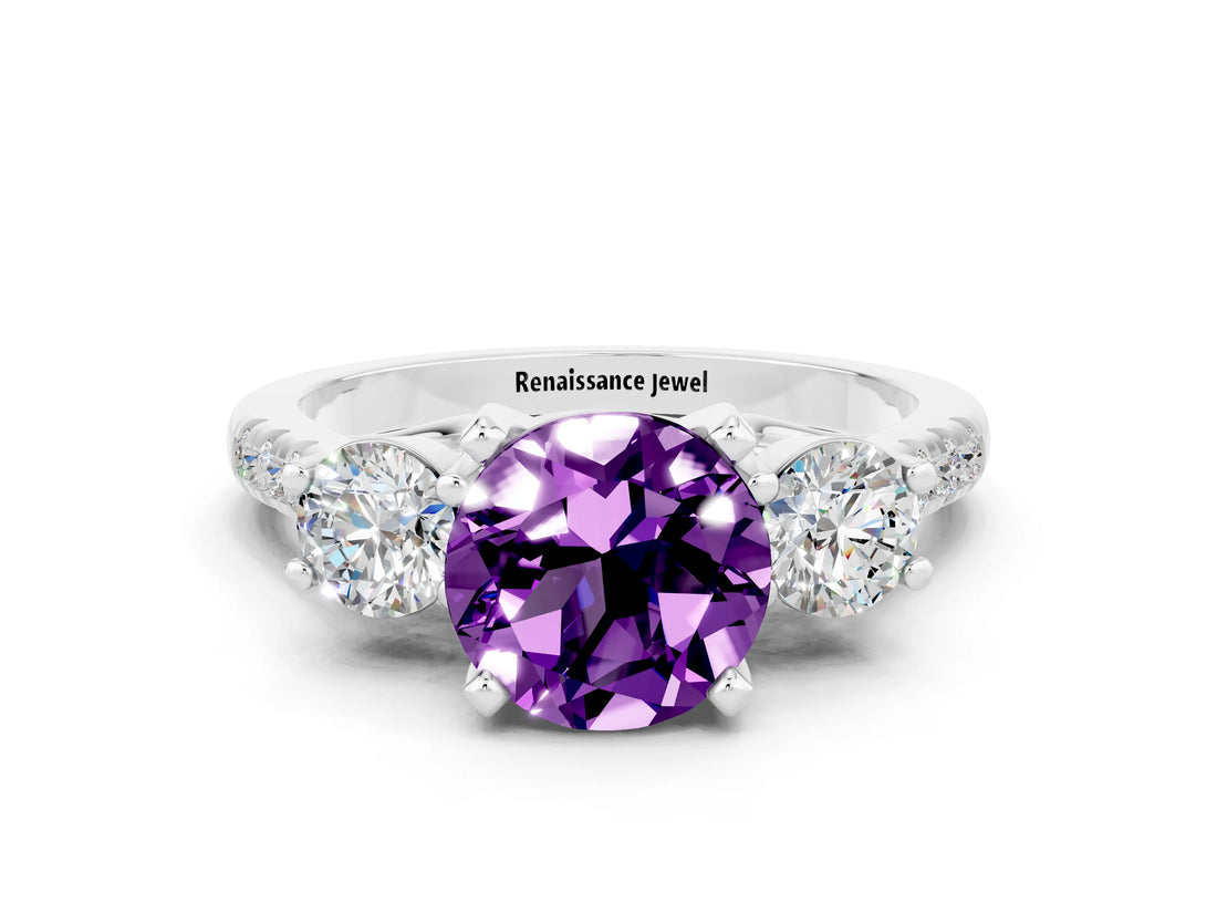 White gold Three-Stone Round Cut Amethyst Pavé Band with Four-Prong Setting