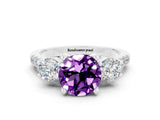 White gold Three-Stone Round Cut Amethyst Pavé Band with Four-Prong Setting