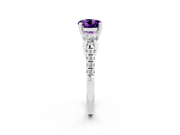 Platinum Three-Stone Round Cut Amethyst Pavé Band with Four-Prong Setting