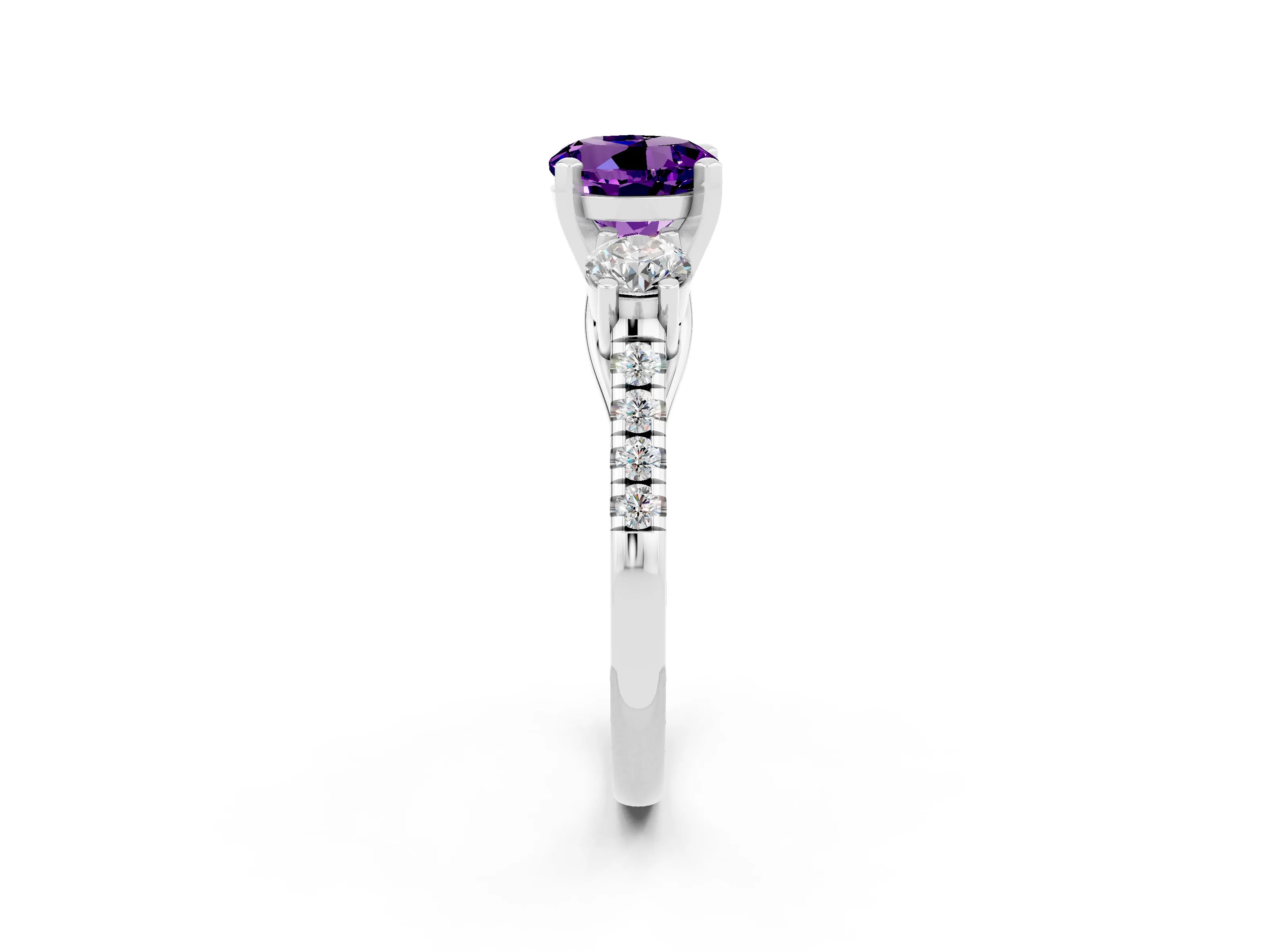 White gold Three-Stone Round Cut Amethyst Pavé Band with Four-Prong Setting_2