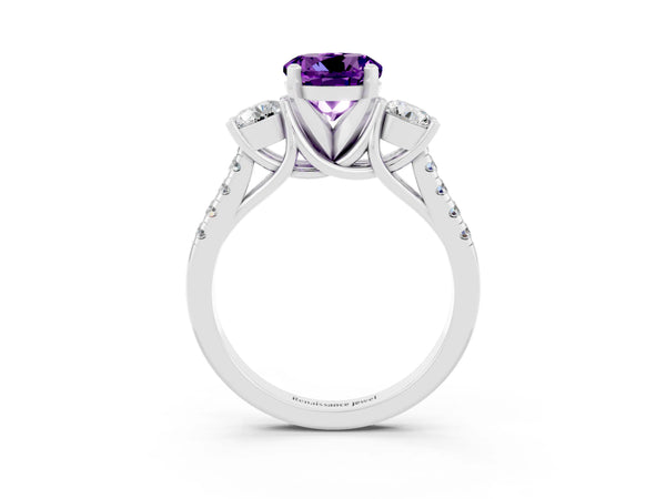Platinum Three-Stone Round Cut Amethyst Pavé Band with Four-Prong Setting