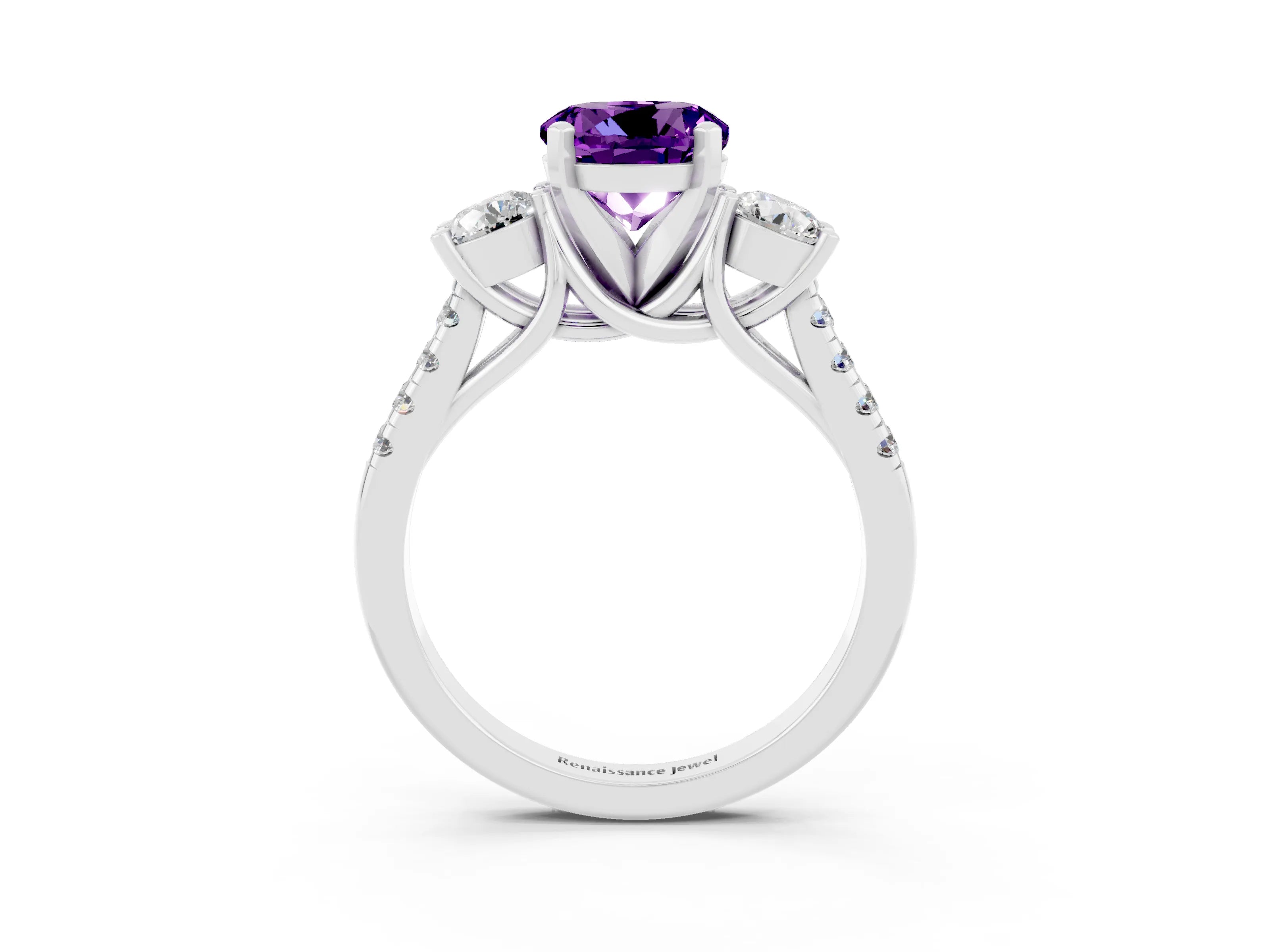 White gold Three-Stone Round Cut Amethyst Pavé Band with Four-Prong Setting_3