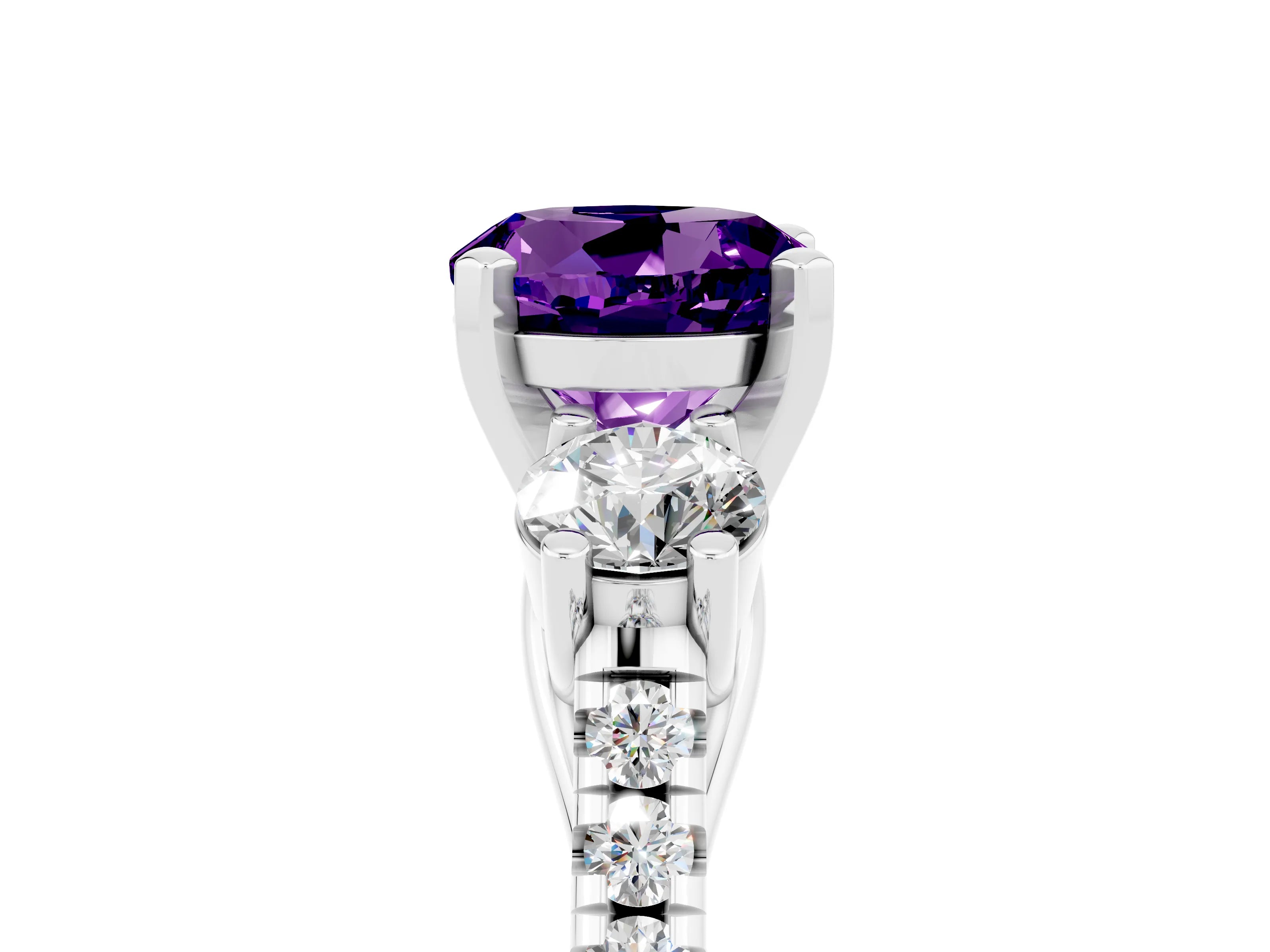 White gold Three-Stone Round Cut Amethyst Pavé Band with Four-Prong Setting_5