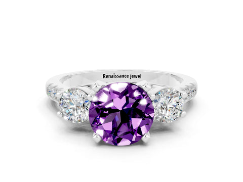 White gold Three-Stone Round Cut Amethyst Pavé Band with Four-Prong Setting