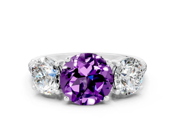 Silver Three-Stone Round Cut Amethyst Ring with Round  Pavé Band and Prong Setting