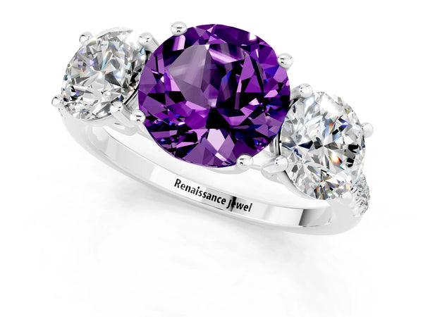 White gold Three-Stone Round Cut Amethyst Ring with Round  Pavé Band and Prong Setting