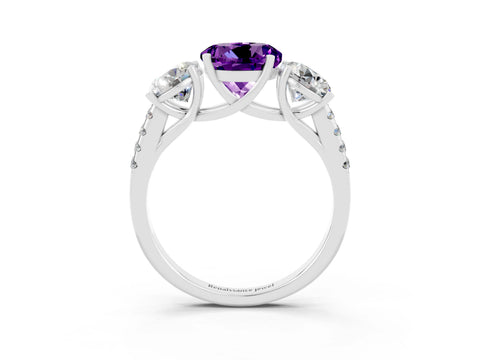 White gold Three-Stone Round Cut Amethyst Ring with Pavé Band and Prong Setting_15