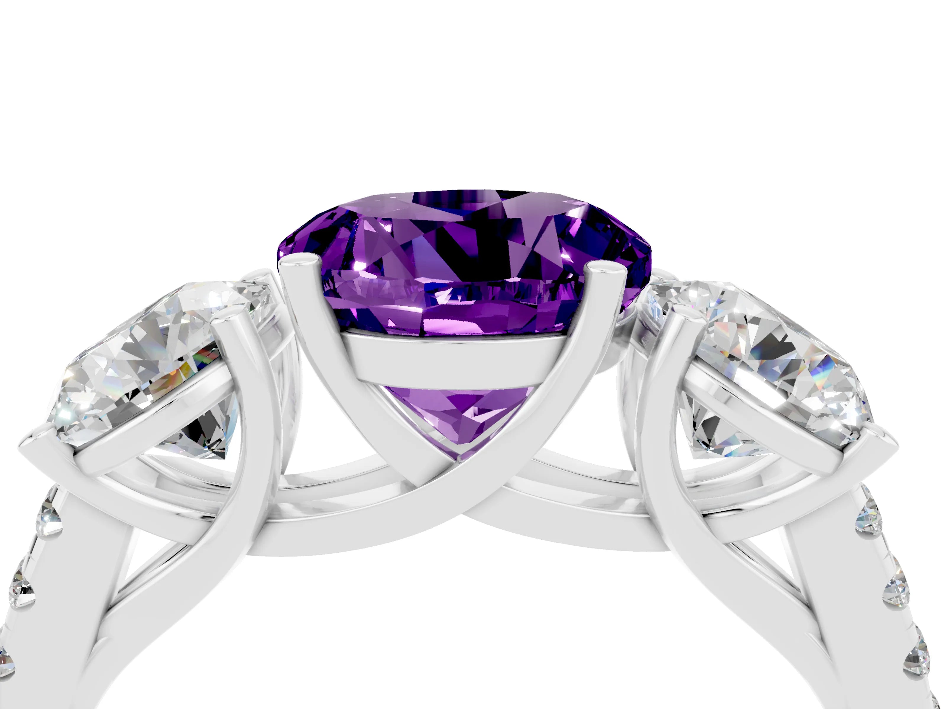 White gold Three-Stone Round Cut Amethyst Ring with Pavé Band and Prong Setting_16