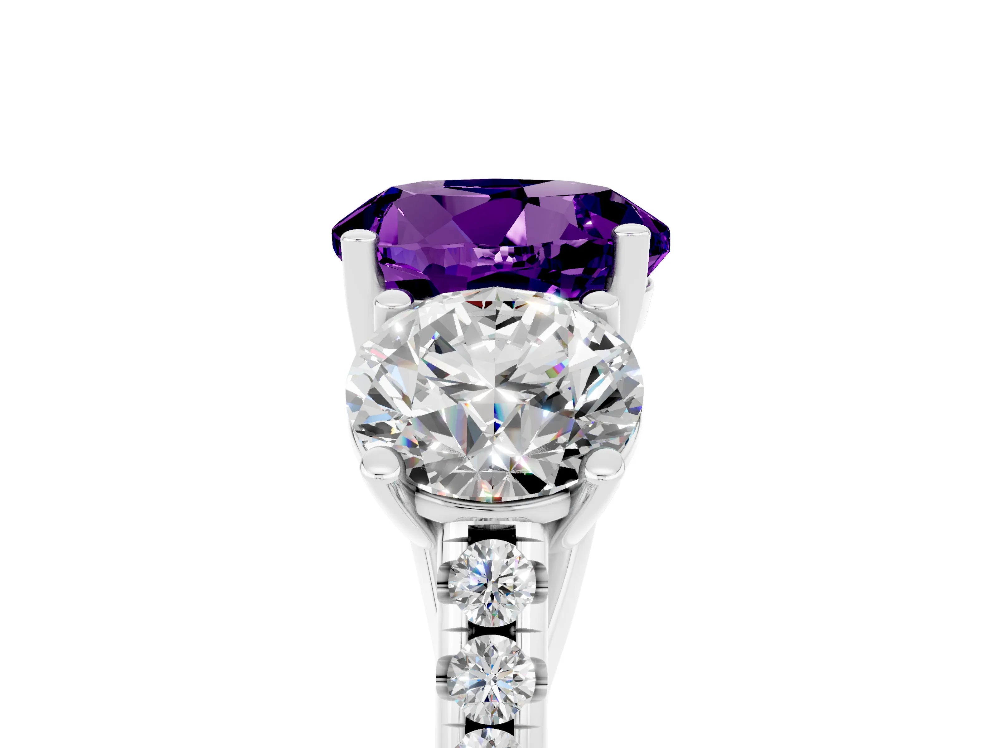 White gold Three-Stone Round Cut Amethyst Ring with Pavé Band and Prong Setting_17